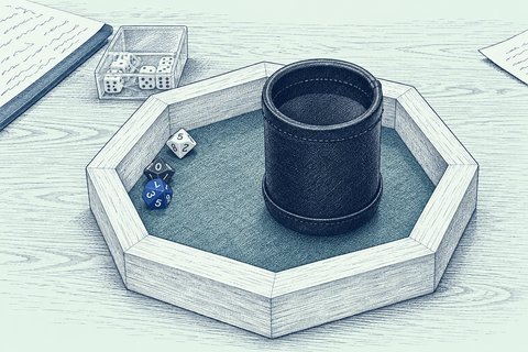 Blue-line technical illustration of an octagonal wooden dice tray with a black dice cup and several ten-sided dice.