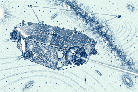 Panoramic blue-line artistic illustration of the planned Laser Interferometer Space Antenna (LISA). A large hexagonal spacecraft dominates the foreground, with a densely gridded solar-panel roof, crinkled thermal insulation, small thrusters, and a prominent circular optical telescope. Thin laser beams connect two companion spacecraft in the distance, forming a triangular arrangement. Fine curved lines suggest gravitational waves passing through space, while stars, spiral galaxies, and a dense band of the Milky Way fill the pale mint background.
