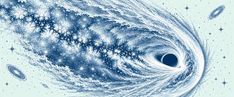 Panoramic blue-line artistic illustration of RBH-1, a proposed runaway supermassive black hole, surrounded by a vast crescent-shaped bow shock. A dark circular black hole near the right center is encircled by tightly curved accretion streams. Dense blue cross-hatching depicts turbulent gas sweeping around the black hole, with bright star clusters and branching clouds extending leftward. Fine stars and distant spiral galaxies appear against a pale mint background.